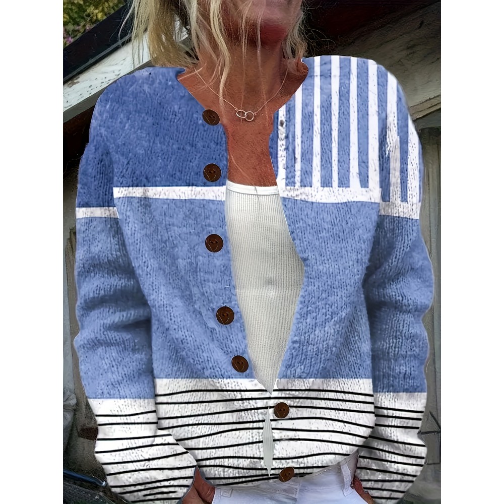 Women'S Lightweight 3D Full Stripe Cardigan Sweater, 100% Polyester Button Crewneck Knit Sweater, Four Seasons Casual Fashion Outerwear