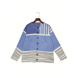 Women'S Lightweight 3D Full Stripe Cardigan Sweater, 100% Polyester Button Crewneck Knit Sweater, Four Seasons Casual Fashion Outerwear