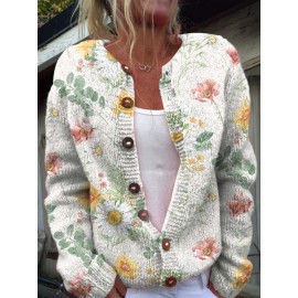 Plus Size - Plus Size, Women'S Oversized Cardigan Jacket - Soft Stretchy Long Sleeve Button-Front Sweater Coat with Floral Print, Round Neck Casual Winter Coat for Fall & Winter, Cozy Layering Piece in Green/Orange/Red/ (Machine Washable)
