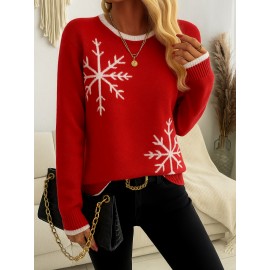 Women'S Snowflake Print Sweater - Winter Season, Holiday Style, Long Sleeves, Contrast Trim, Trendy Holiday Fashion, Ideal For Christmas Parties, Winter Outings, And Festive Events