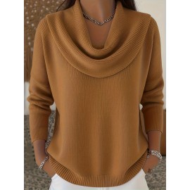 Christmas Green Elegant Long Sleeve Cowl Neck Sweater - Solid Color Minimalist Top, Women'S Winter Warm Pullover