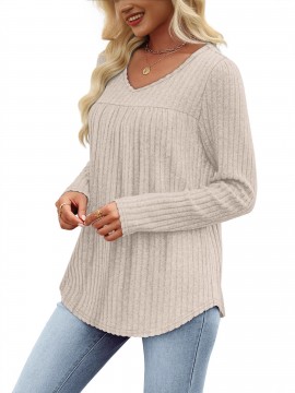 Women's 3pcs V-Neck Sweater Set - Lightweight Layering Shirts with  (No Bulk), Beige/Olive /Black Solid Color Tops | Machine Washable All-Season Blouses for Casual & Semi-Formal Outfits, 95% /5% Spandex Wear