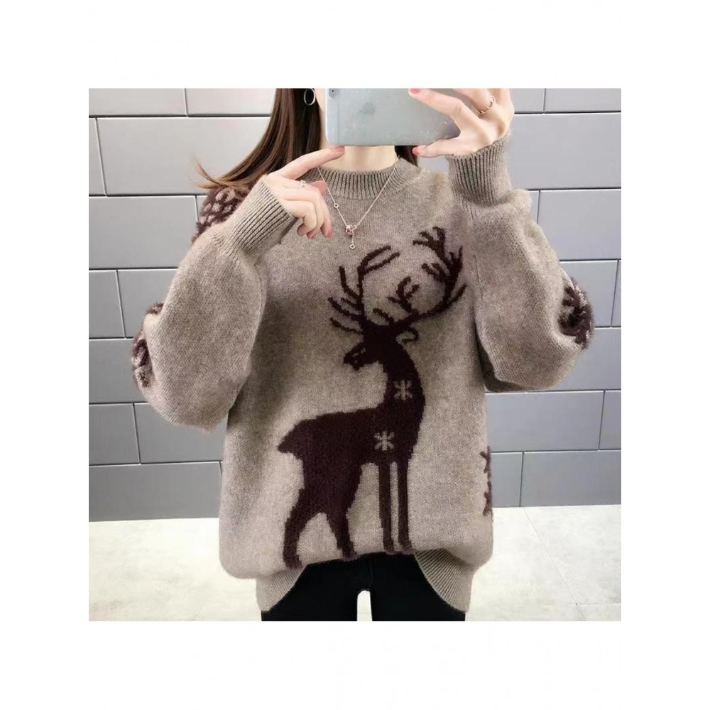 Women'S Elegant Deer Jacquard Sweater - Soft Round Neck Loose Fit Winter Sweater with Deer & Foliage Pattern, Cozy Fall Winter Sweater for Casual & Semi-Formal Outfits, Korean Fashion Style (GreenBrown) - Versatile Layering Piece