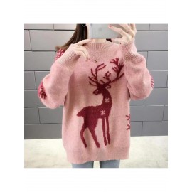 Women'S Elegant Deer Jacquard Sweater - Soft Round Neck Loose Fit Winter Sweater with Deer & Foliage Pattern, Cozy Fall Winter Sweater for Casual & Semi-Formal Outfits, Korean Fashion Style (GreenBrown) - Versatile Layering Piece