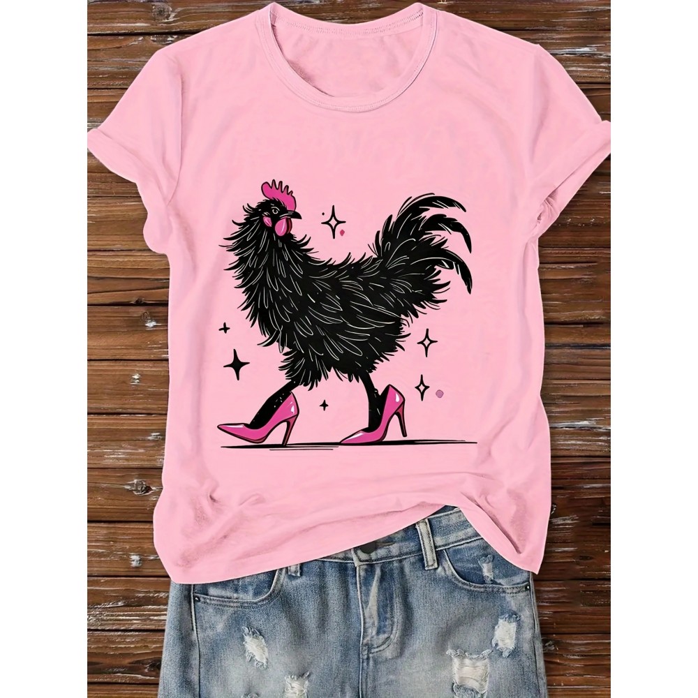 Women'S Red Cartoon Rooster & Stars Print T-Shirt - Loose Fit Crew Neck Short Sleeve, Breathable Summer Top with & Pink Rooster Design, Casual & Party Wear, Machine Washable Soft Everyday Shirt for Women
