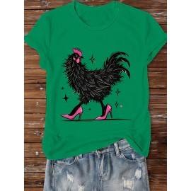Women'S Red Cartoon Rooster & Stars Print T-Shirt - Loose Fit Crew Neck Short Sleeve, Breathable Summer Top with & Pink Rooster Design, Casual & Party Wear, Machine Washable Soft Everyday Shirt for Women