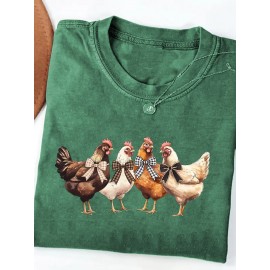 Women's Turquoise Blue Short Sleeve T-Shirt - Soft Pure Round Neck Top with Chicken Print (Hens & Bow Tie Design) - Casual & Party Wear for Spring Summer Fall - Comfortable Colors Everyday Blouse