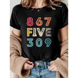 [Vibrant Graphic Tee] Vibrant Purple Women's Casual Short-Sleeve T-Shirt with Bold 867 FIVE 309 Graphic Print | Round Neck Top, Sporty Comfort Fit, Machine Washable Spring Summer Tee, Ladies T Shirts, Casual Attire, Soft Fabric