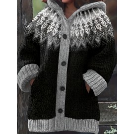 Plus Size, 2D FLAT PATTERN Soft Jacquard Glacier Snow Mountain Hooded Cardigan, Elegant, Fashionable, Comfortable, Casual And Retro Hooded Coat