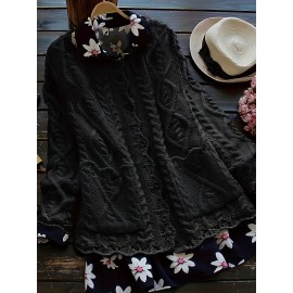 Plus Size, Plus Size Women's Casual Open Front Sweater, Long Sleeve with Pocket and Buttoned Scallop Hem